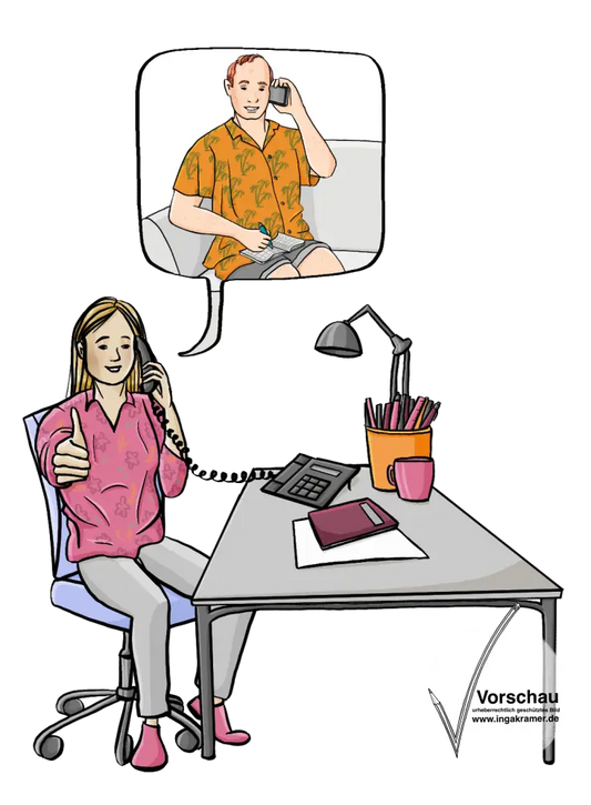 Eine Frau sitzt am Schreibtisch und telefoniert. Sie streckt den Daumen nach oben. In einer Sprechblase ist ein Mann mit einem Terminkalender.