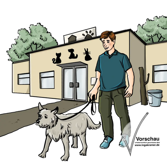 Ein Mann hält einen Hund an der Leine. Im Hintergrund ist ein Gebäude mit Bildern von Tieren darauf.