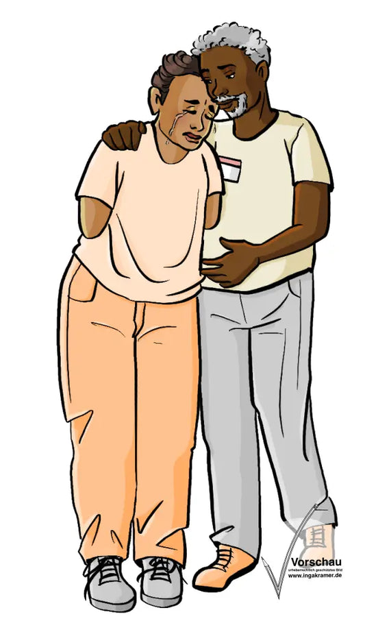 Ein Mann weint, ein anderer Mann hat den Arm um ihn gelegt.