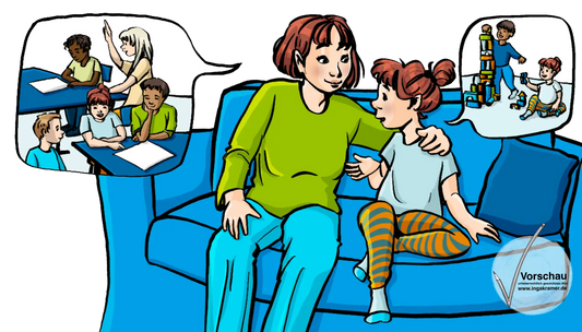 Eine Frau und ein Mädchen sitzen auf einem Sofa. In Sprechblasen sind Bilder von Kindergarten und Schule.