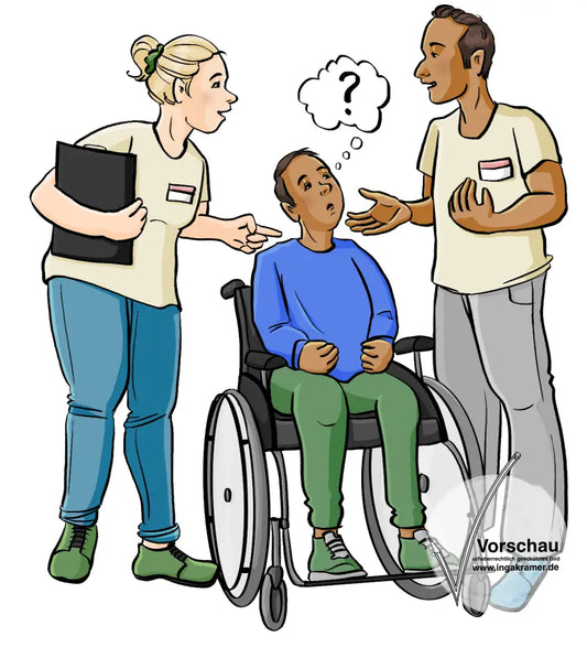 Zwei Fachkräfte zeigen auf einen Mann im Rollstuhl und reden miteinander. Über dem Mann ist eine Denkblase mit einem Fragezeichen.