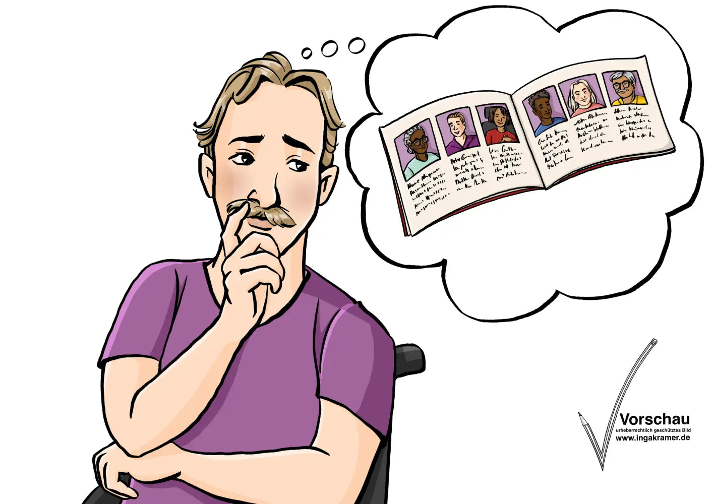 Ein Mann schaut nachdenklich. In einer Denkblase ist ein Heft mit Bildern von verschiedenen Personen und Schrift.