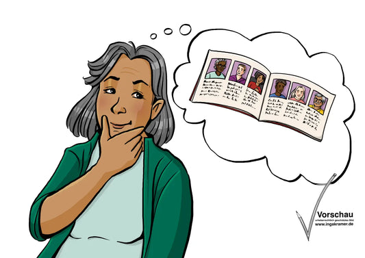 Leichte Sprache Bild:
Alternativtext:
Eine Frau schaut nachdenklich. In einer Denkblase ist ein Heft mit Bildern von verschiedenen Personen und Schrift.