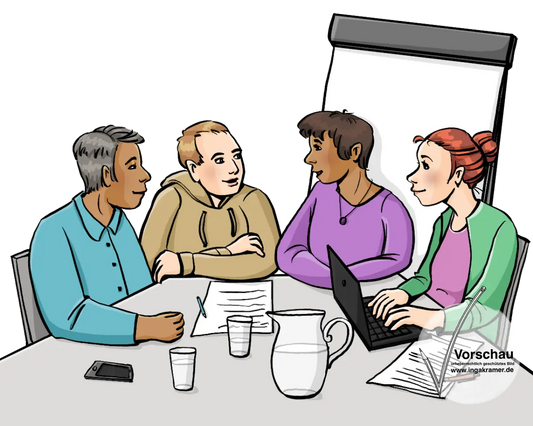 Zwei Männer und zwei Frauen sitzen an einem Tisch. Auf dem Tisch sind Papiere und ein Laptop. Im Hintergrund ist eine Flipchart.