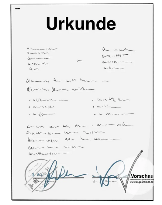 Ein Dokument mit der Überschrift: Urkunde. Unten sind ein Stempel und Unterschriften.