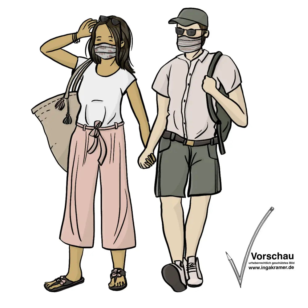 Ein Mann und eine Frau halten sich an der Hand. Sie tragen leichte Sommerkleidung. Der Mann hat eine Sonnenbrille und einen Rucksack auf, die Frau trägt eine Korbtasche. Beide tragen einen Mundschutz. 