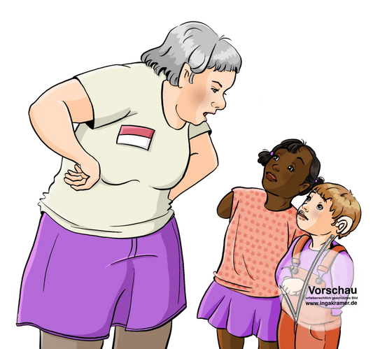 Eine Frau mit Namensschild schaut auf zwei Kinder herab. Sie hat die Arme in die Hüften gestemmt. Die Kinder schauen erschrocken.