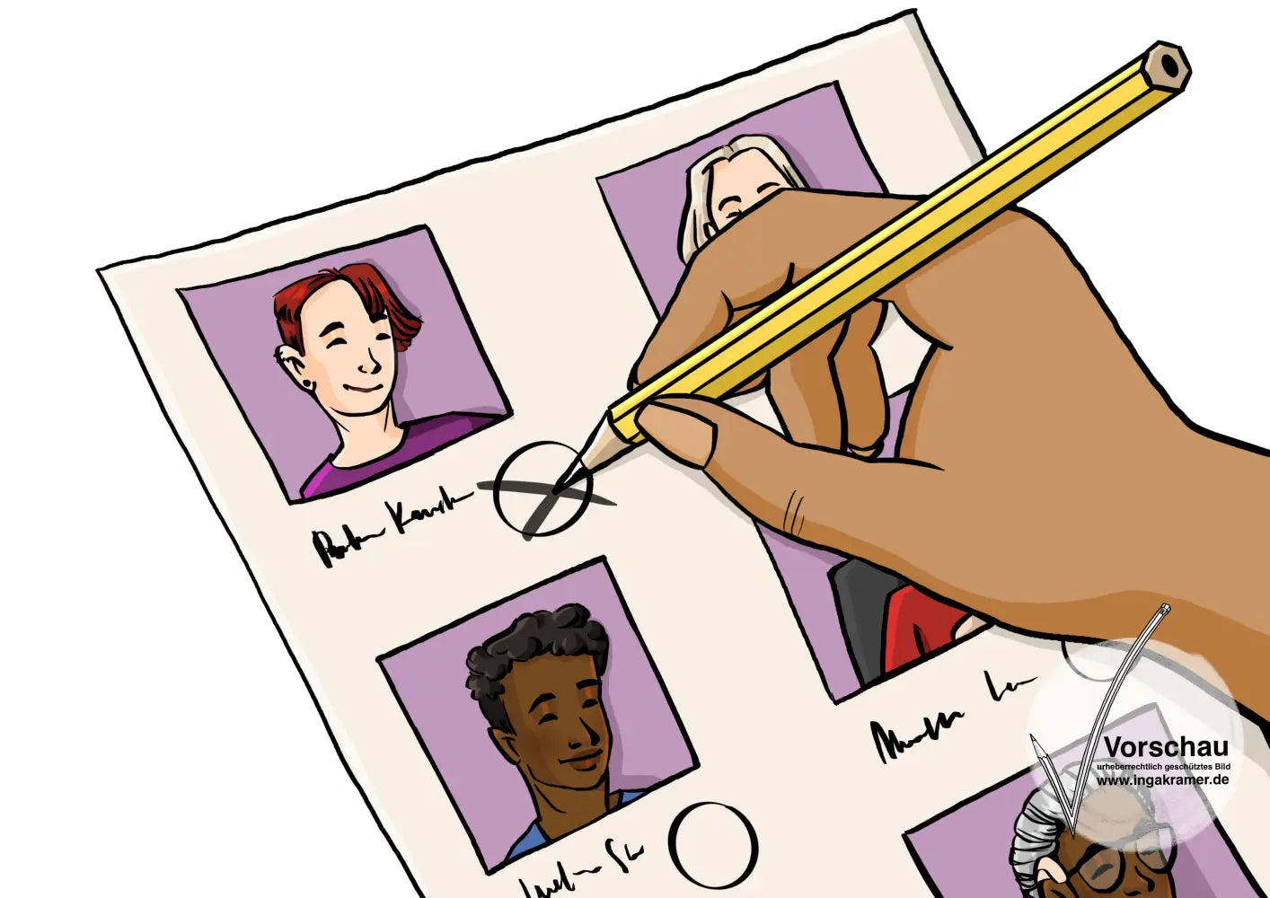 Ein Zettel mit verschiedenen Gesichtern. Eine Hand macht mit einem Bleistift ein Kreuzchen unter ein Gesicht.