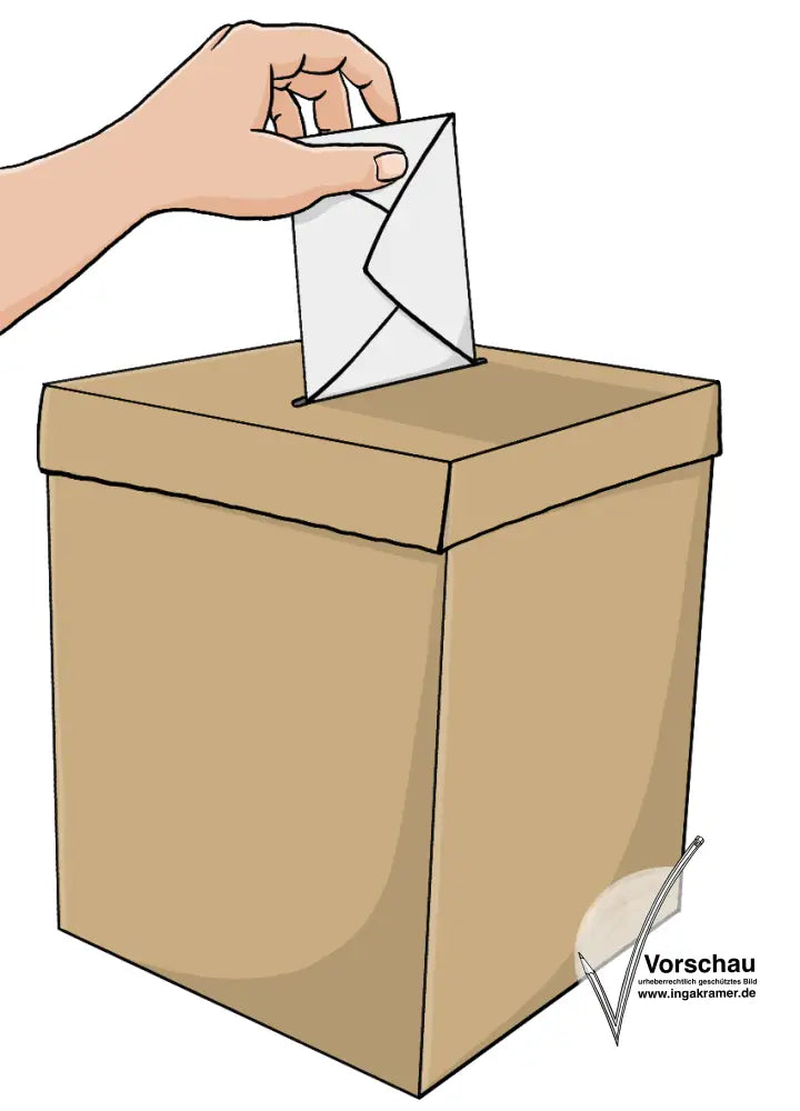 Eine Hand steckt einen Zettel in eine Kiste.