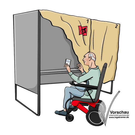 Ein Mann im Rollstuhl vor einer Wahlkabine.