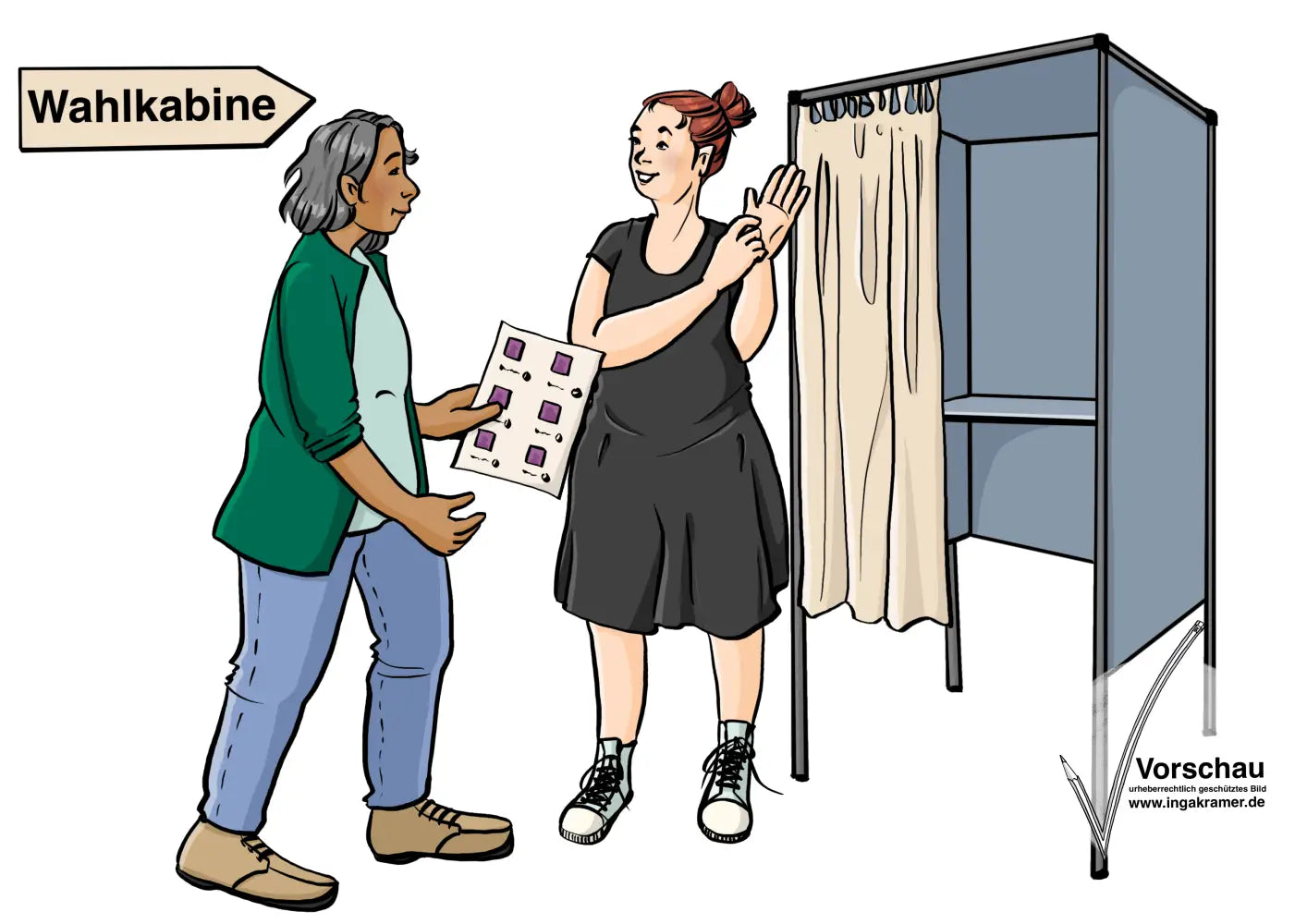 Eine Frau geht auf eine Wahlkabine zu. Neben der Kabine steht eine Gebärdendolmetscherin. An der Wand hängt ein Pfeil mit der Aufschrift: Wahlkabine