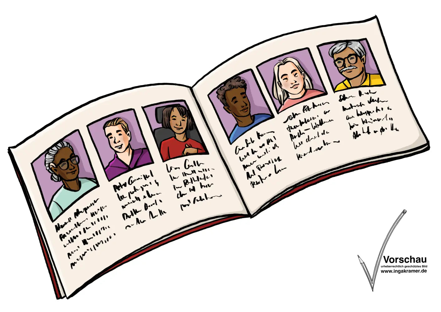 Ein Heft mit Bildern von verschiedenen Personen. Unter jedem Bild ist Schrift.