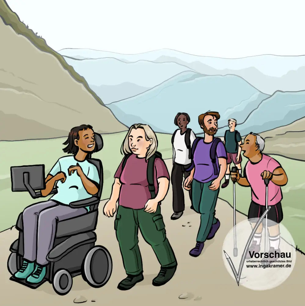Eine Gruppe Menschen mit und ohne Behinderungen wandert in den Bergen.