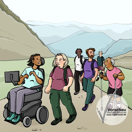 Eine Gruppe Menschen mit und ohne Behinderungen wandert in den Bergen.