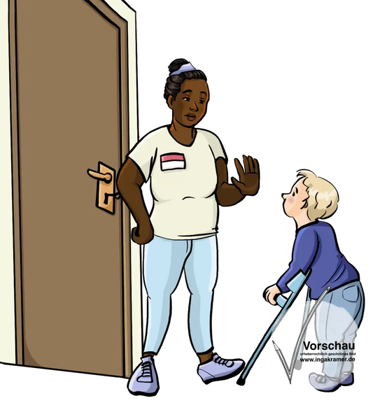 Ein Kind steht vor einer Tür. Eine Frau mit Namensschild steht im Weg. Sie streckt die Hand nach vorn und schaut unfreundlich.