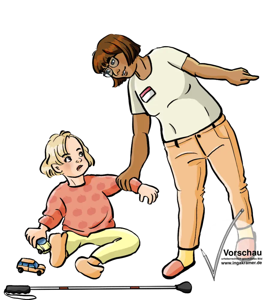 Ein Kind sitzt auf dem Boden und spielt mit Autos. Eine Frau mit Namensschild zieht das Kind am Arm und zeigt in die andere Richtung.