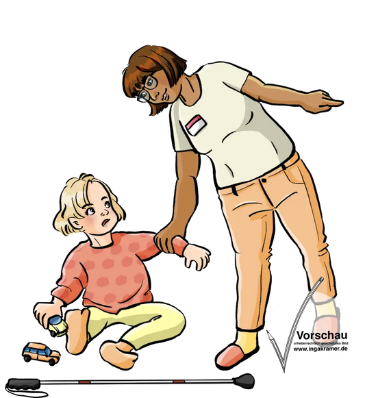 Ein Kind sitzt auf dem Boden und spielt mit Autos. Eine Frau mit Namensschild zieht das Kind am Arm und zeigt in die andere Richtung.