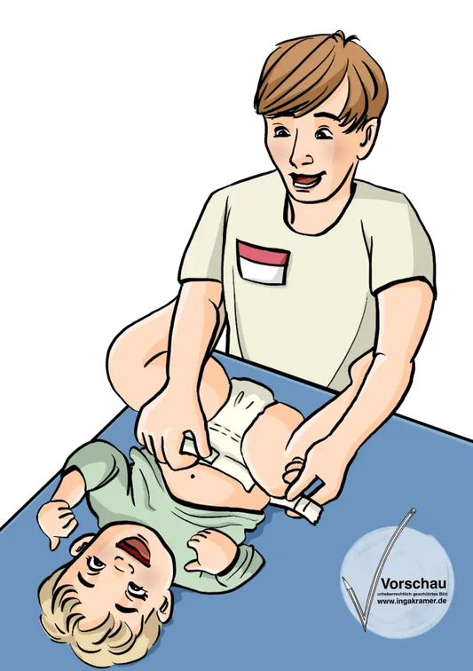 Ein Kind liegt auf dem Wickeltisch und lacht. Ein Mann mit Namensschild lacht es an und wechselt ihm die Windel.