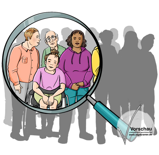 Eine Gruppe Menschen, alle sind grau und unkenntlich. Eine Lupe liegt über einem Bereich des Bildes. In dem Bereich sind verschiedene Menschen, diese sind bunt und erkennbar.