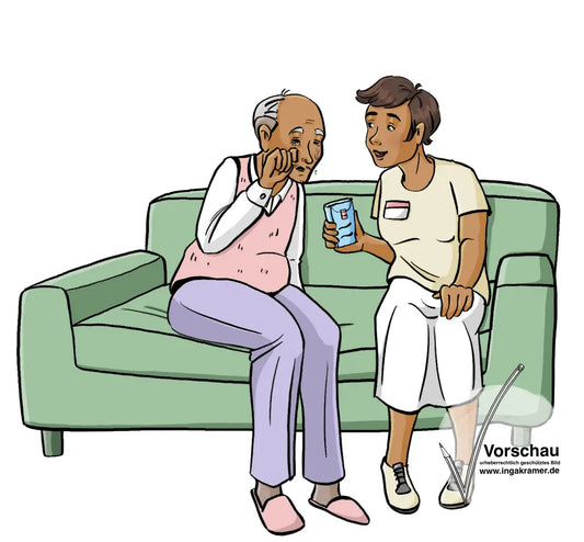 Ein älterer Mann und eine Frau sitzen auf einem Sofa. Der mann weint, die Frau gibt ihm Taschentücher.