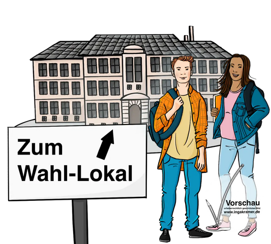 Zwei Jugendliche vor einem großen Gebäude. Vor dem Gebäude steht eine Schild mit einem Pfeil und der Aufschrift: Zum Wahl-Lokal.