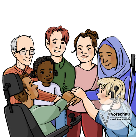 Eine Gruppe junger und alter Menschen mit verschiedenen Hautfarben, mit und ohne Behinderungen.