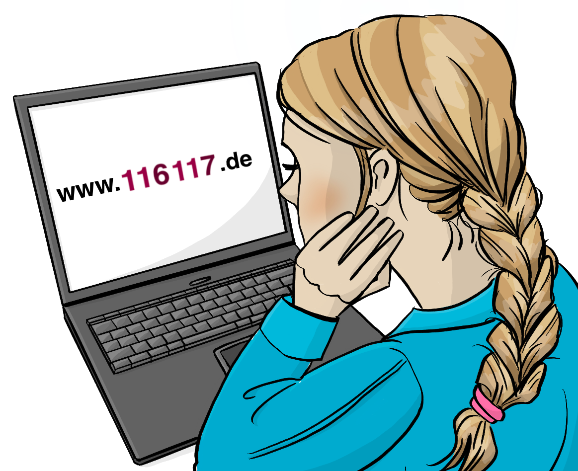 Eine Frau sitzt vor dem Laptop. Auf dem Laptop ist der Link vom Hausärztlichen Notdienst: www.116117.de 