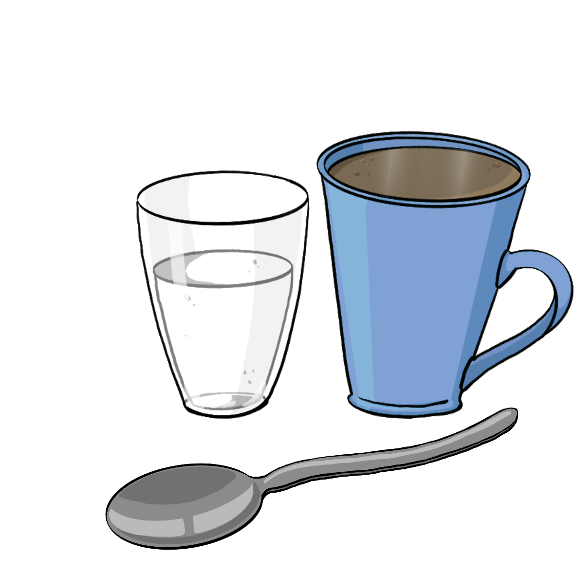 Ein Glas Wasser, eine Tasse mit dunklem Kaffee und ein Löffel.