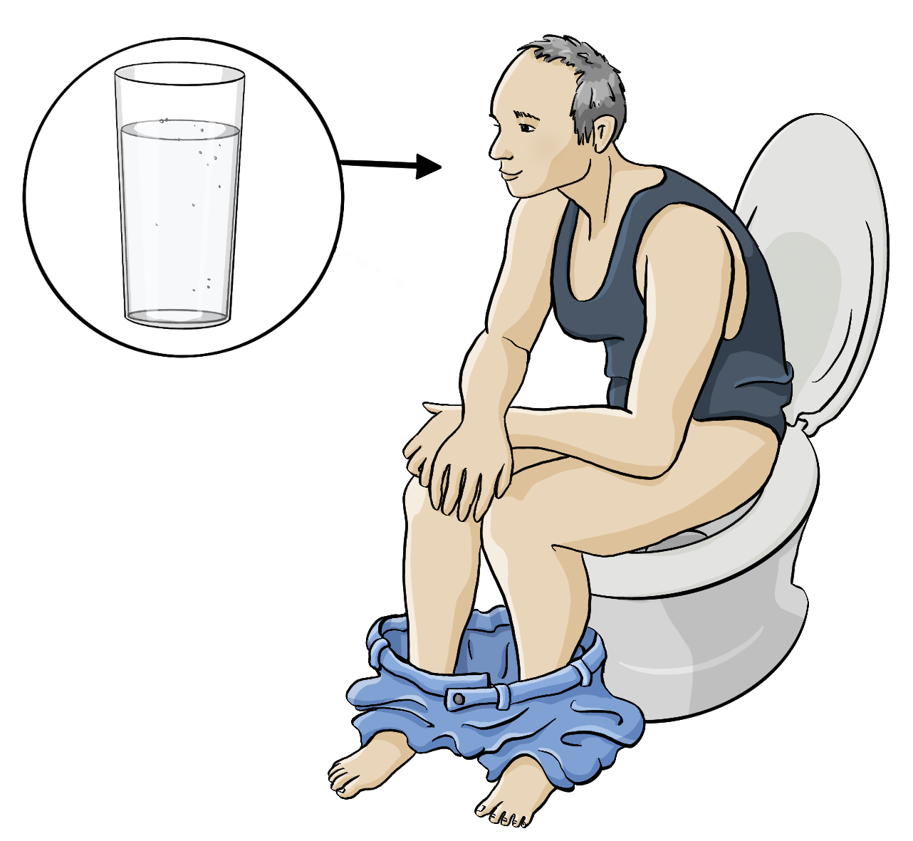 Ein Mann sitzt auf der Toilette. Neben dem Mann ist ein Kreis mit einem Bild von einem Glas mit einer klaren Flüssigkeit. Von dem Glas zeigt ein Pfeil auf den Mann. 