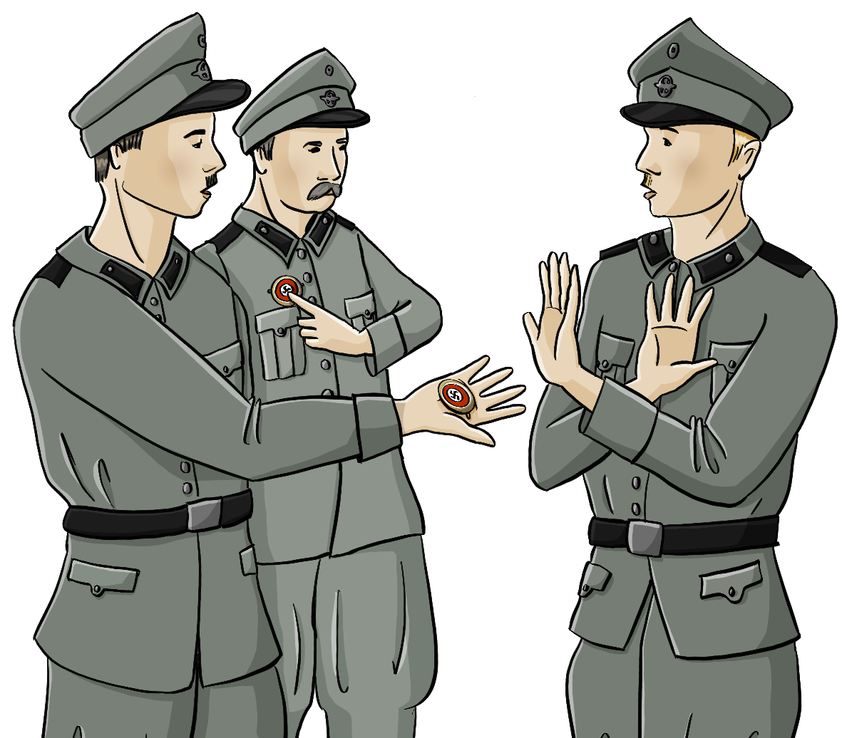 Zwei Polizisten in Uniformen aus der NS-Zeit stehen einem dritten Polizisten gegenüber. Ein Polizist zeigt auf ein Abzeichen an seiner Brust, der zweite Polizist hält ein Abzeichen auf seiner offenen Hand. Der dritte Polizist kreuzt abwehrend die Hände. 