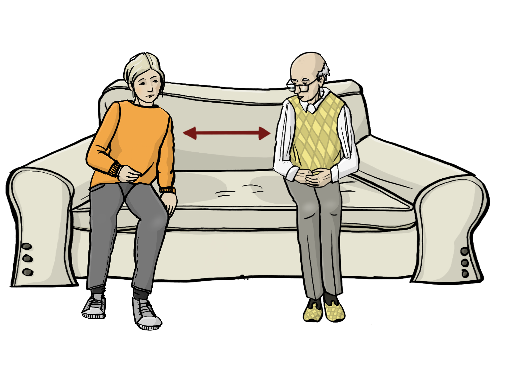 Eine Frau und ein älterer Mann sitzen auf einem Sofa. Sie halten Abstand. Zwischen ihnen ist ein roter Pfeil. Der Pfeil zeigt den Abstand. 
