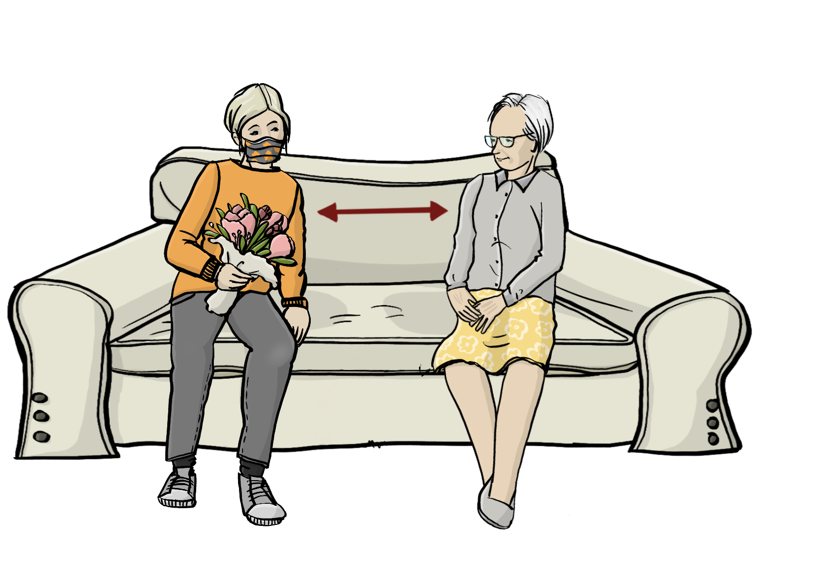 Eine Frau und eine ältere Frau sitzen auf einem Sofa. Sie halten Abstand. Zwischen ihnen ist ein roter Pfeil. Der Pfeil zeigt den Abstand. Die jüngere Frau hält einen Blumenstrauß in der Hand.