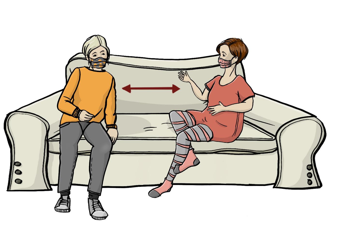 Zwei Frauen sitzen auf einem Sofa. Eine Frau ist schwanger. Beide tragen einen Mundschutz. Die Frauen halten Abstand. Zwischen ihnen ist ein roter Pfeil. Der Pfeil zeigt den Abstand. 