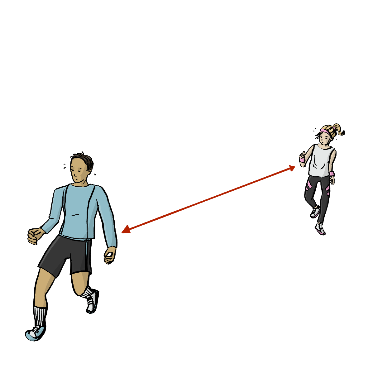 Eine Frau und ein Mann joggen. Sie halten Abstand. Zwischen ihnen ist ein roter Pfeil. Der Pfeil zeigt den Abstand. 
