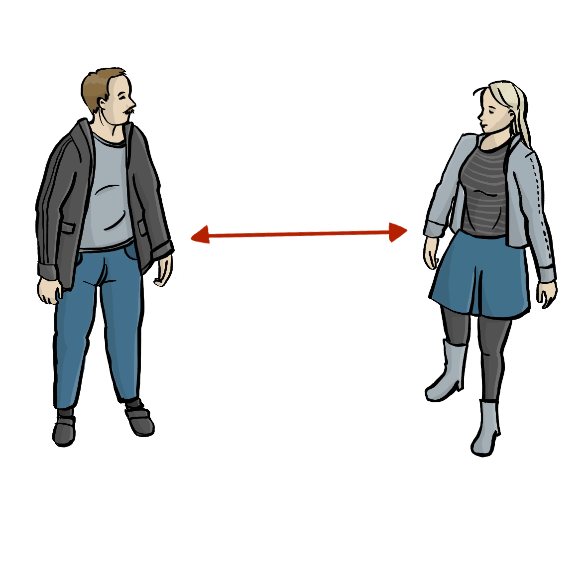 Eine Mann und eine Frau stehen nebeneinander. Sie halten Abstand. Zwischen ihnen ist ein roter Pfeil. Der Pfeil zeigt den Abstand an. 