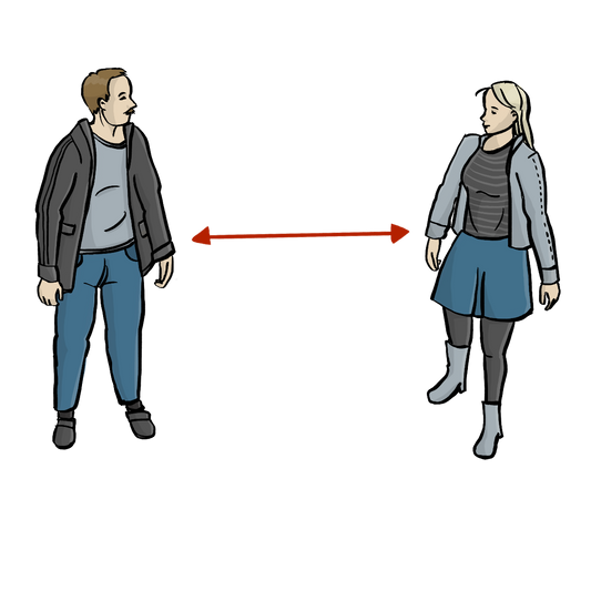 Eine Mann und eine Frau stehen nebeneinander. Sie halten Abstand. Zwischen ihnen ist ein roter Pfeil. Der Pfeil zeigt den Abstand an. 