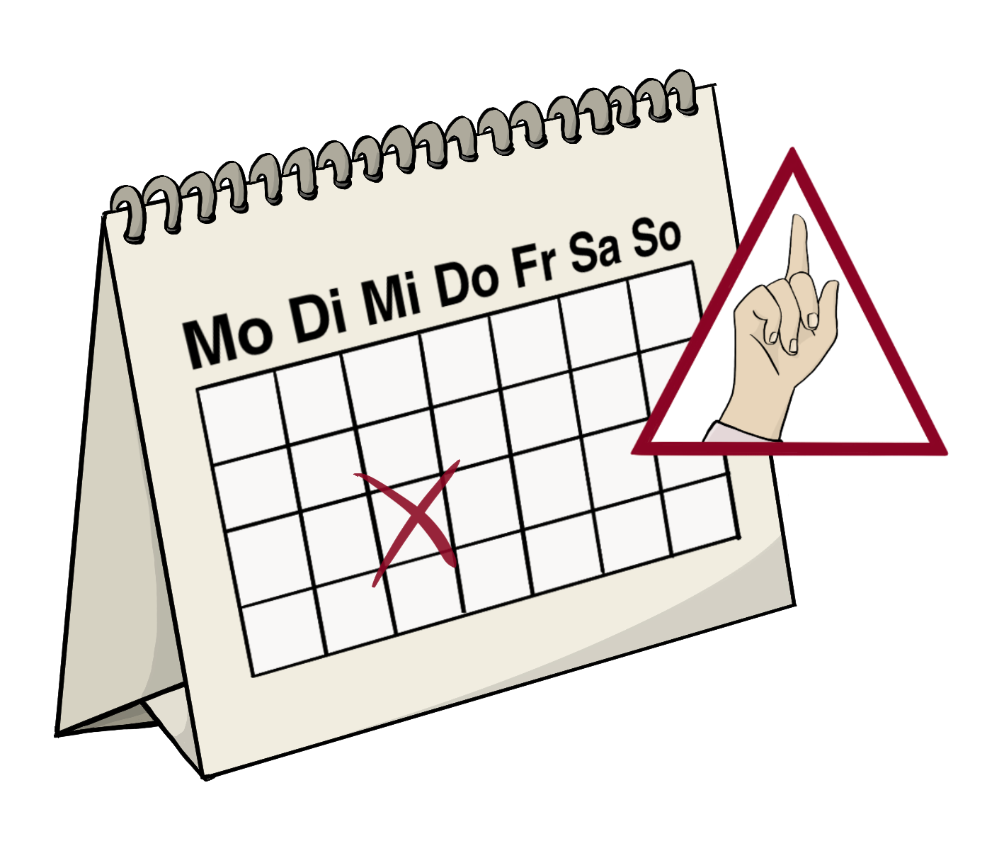 Ein Kalender mit angekreuztem Datum. Neben dem Kalender steht das Achtung-Zeichen: Ein rotes Dreieck mit einem erhobenen Zeigefinger. 