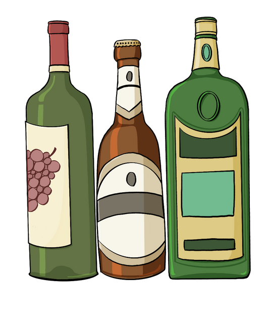 Eine Weinflasche, eine Bierflasche und eine Schnapsflasche.