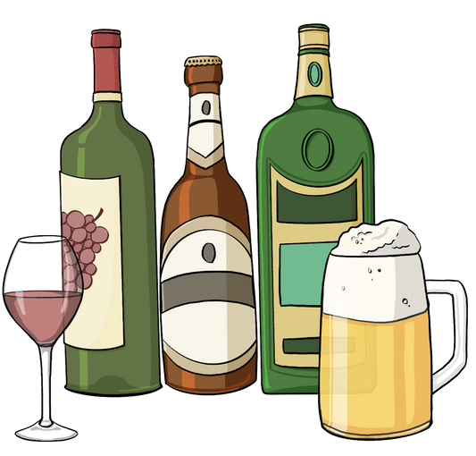 Eine Weinflasche, eine Bierflasche, eine Schnapsflasche, ein Glas mit Wein und ein Glas mit Bier.
