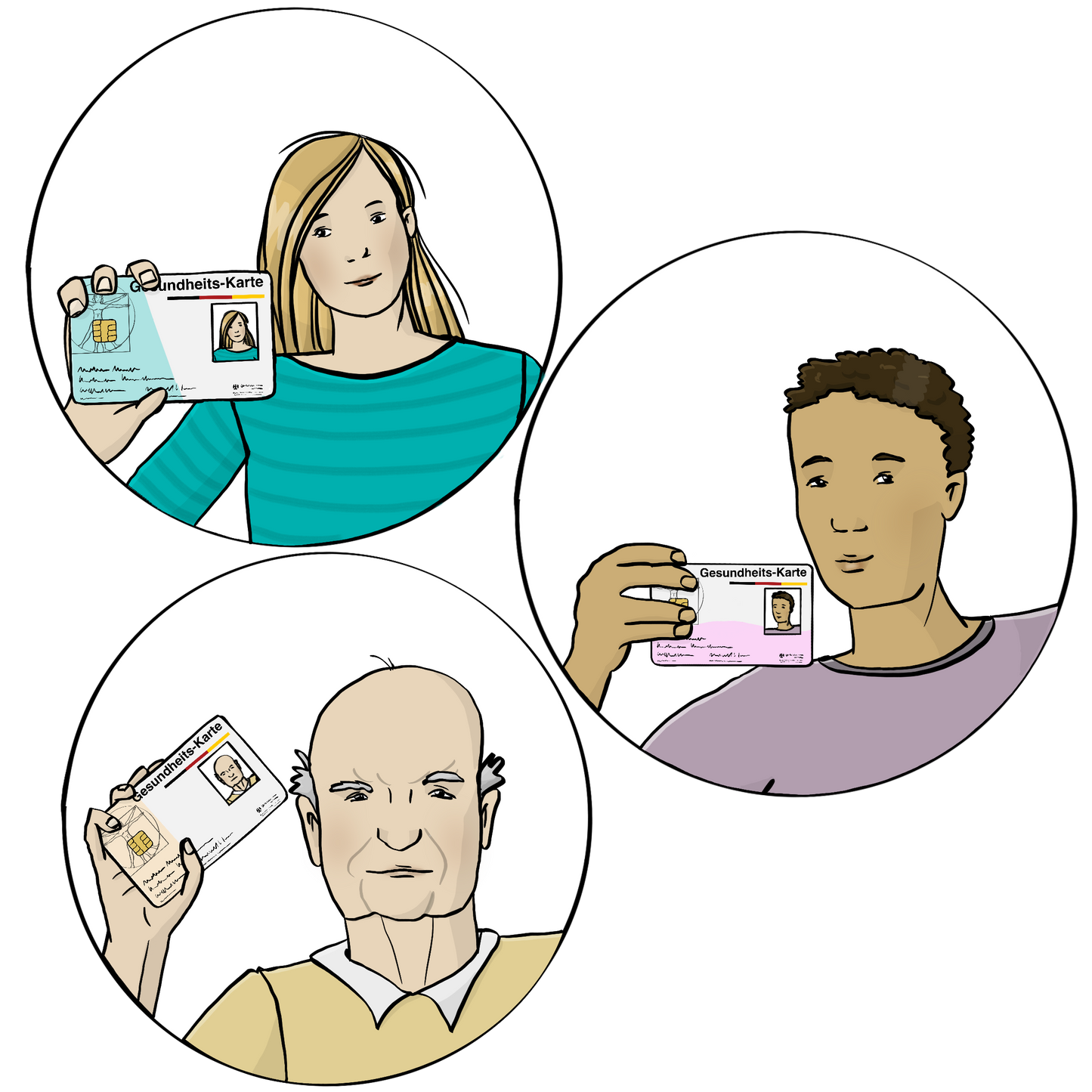 3 verschiedene Personen zeigen ihre Gesundheitskarte. Eine junge Frau, ein junger Mann und ein älterer Mann. 