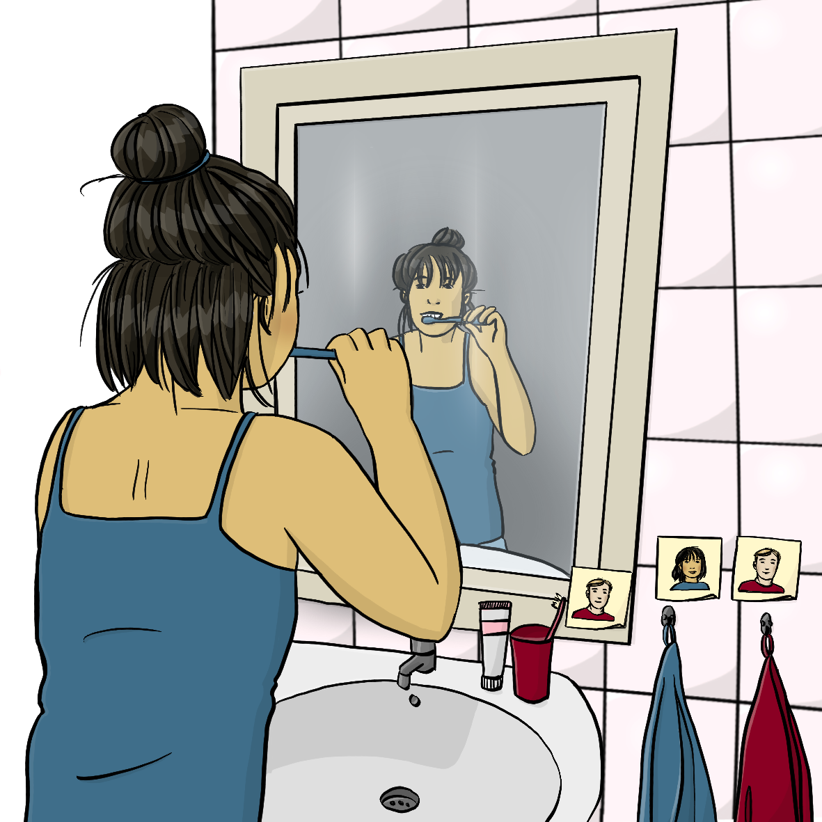 Eine Frau steht im Badezimmer vor dem Spiegel. Sie putzt sich die Zähne. Neben dem Spiegel hängen zwei Handtücher. Die Handtücher sind mit Schildern gekennzeichnet: Das eine Handtuch gehört der Frau, das andere Handtuch gehört ihrem Mann. 