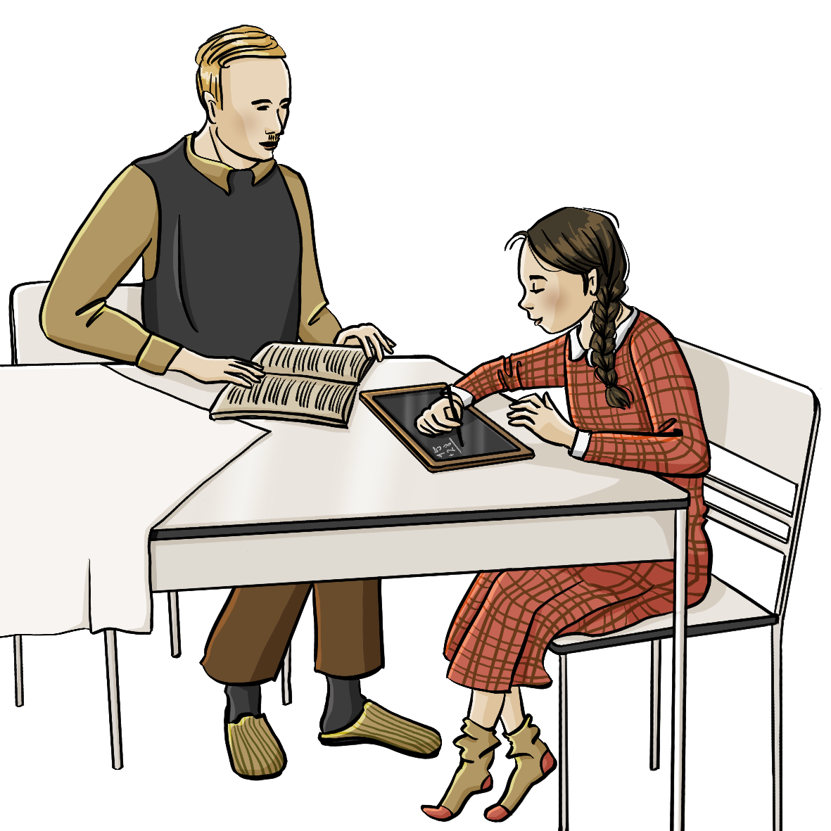 Ein Mann und ein Mädchen sitzen am Tisch. Das Mädchen schreibt auf einer Tafel.