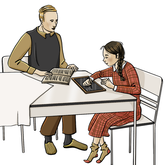Ein Mann und ein Mädchen sitzen am Tisch. Das Mädchen schreibt auf einer Tafel.