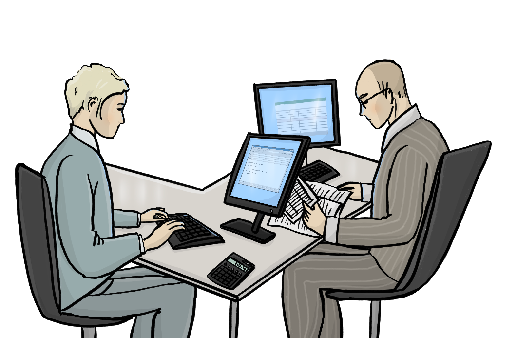zwei Männer in Anzügen sitzen an Schreibtischen am Computer.