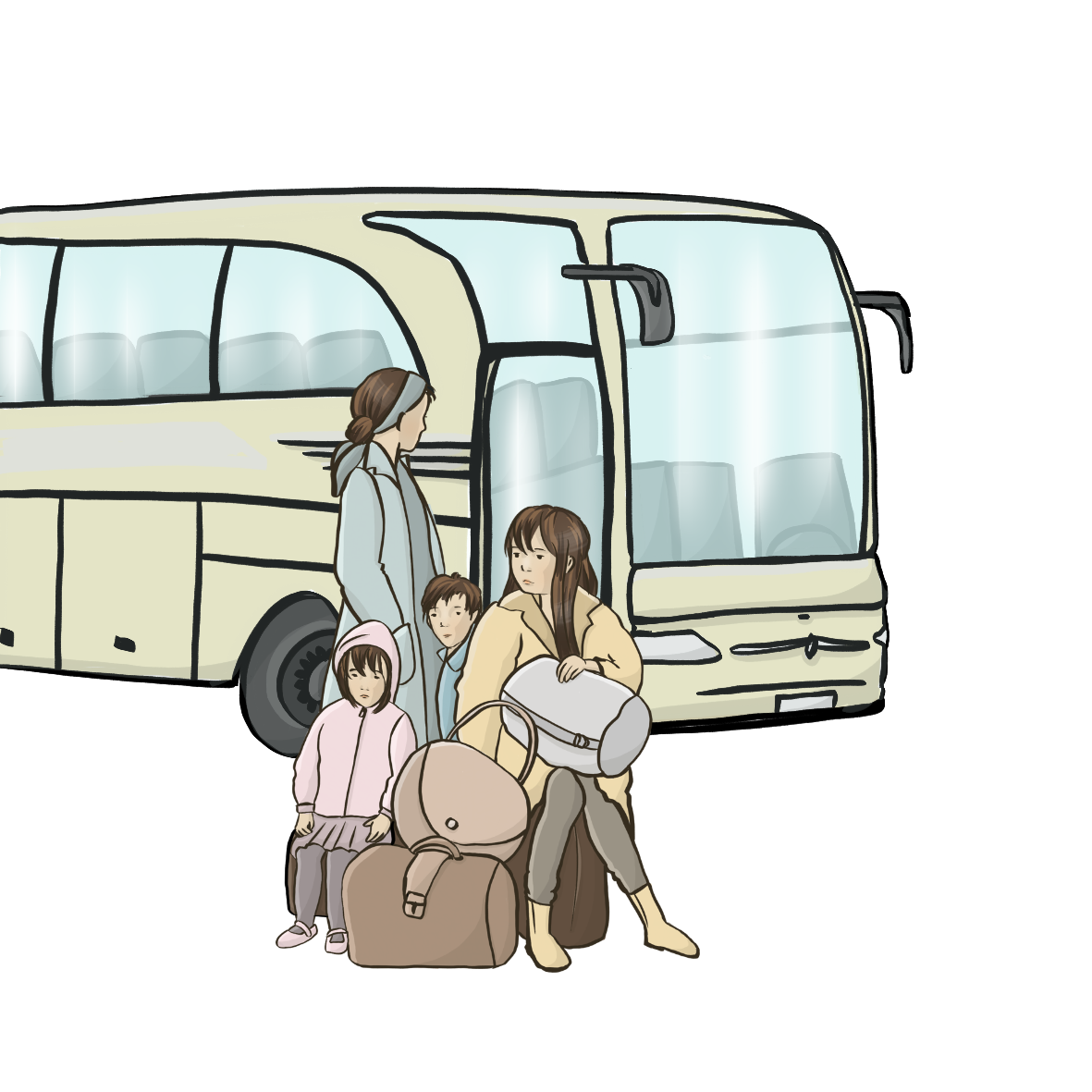 Eine Flüchtlingsfamilie steht vor einem Bus: Eine Mutter mit drei Kindern und Gepäck. Nutzungsrecht gemäß Lizenzbestimmungen Inga Kramer