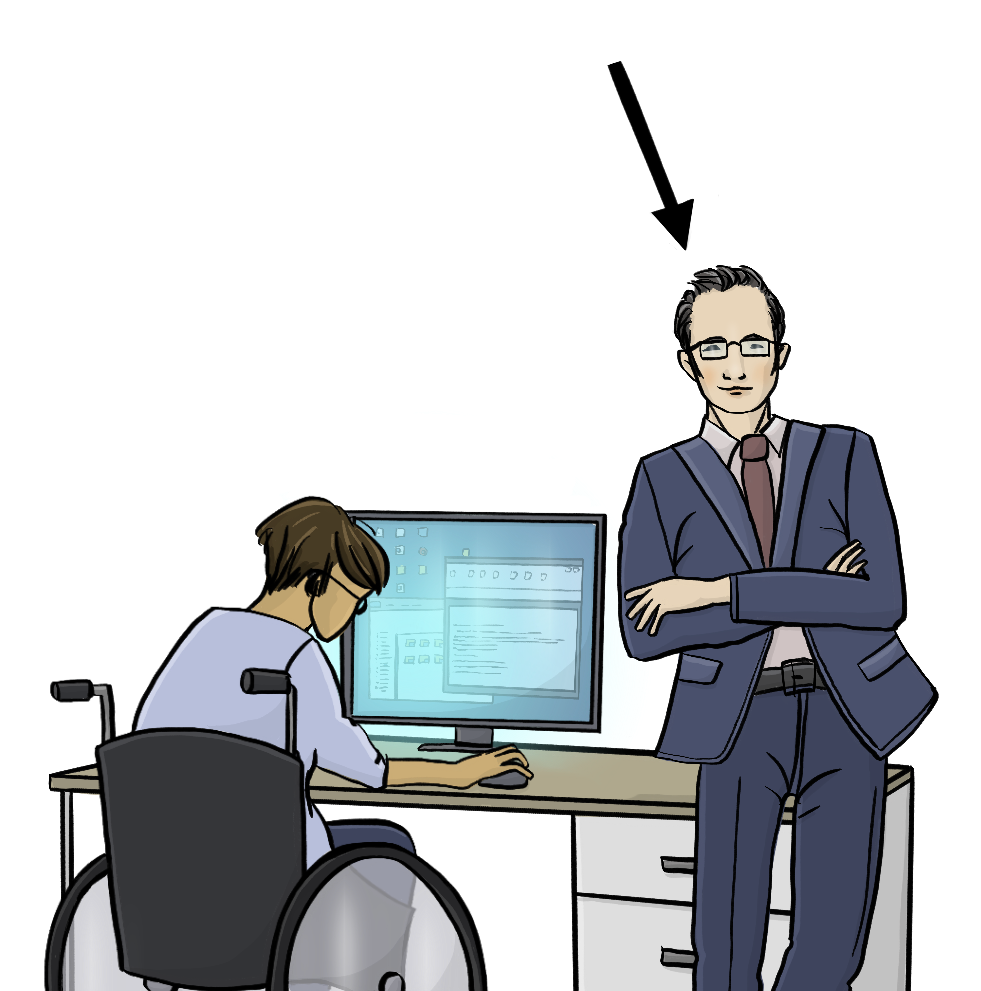 Eine Frau im Rollstuhl arbeitet am Computer. Ihr Chef lehnt an ihrem Schreibtisch. Ein Pfeil zeigt auf den Chef.