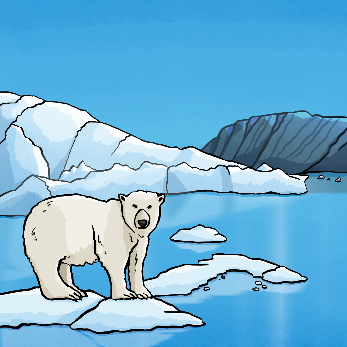 Ein Eisbär steht auf einer Eisscholle. 