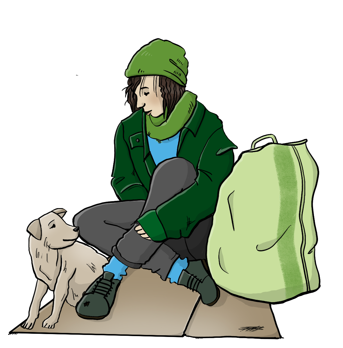 Eine Frau mit armer Kleidung sitzt auf einem Stück Pappe. Neben ihr liegt ein Hund. Neben ihr steht eine volle Plastik-Tüte. 