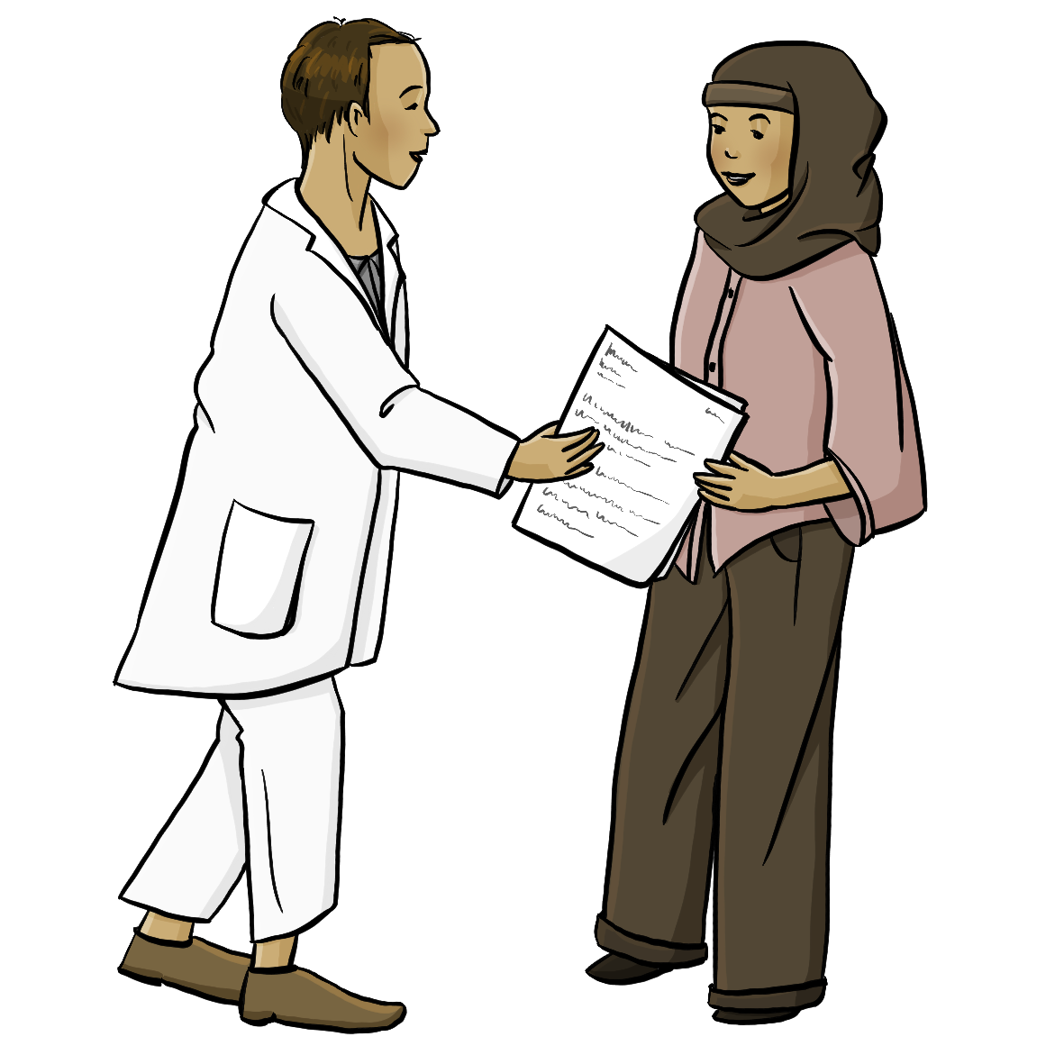 Eine Arzt gibt Unterlagen an eine Frau mit Kopftuch.