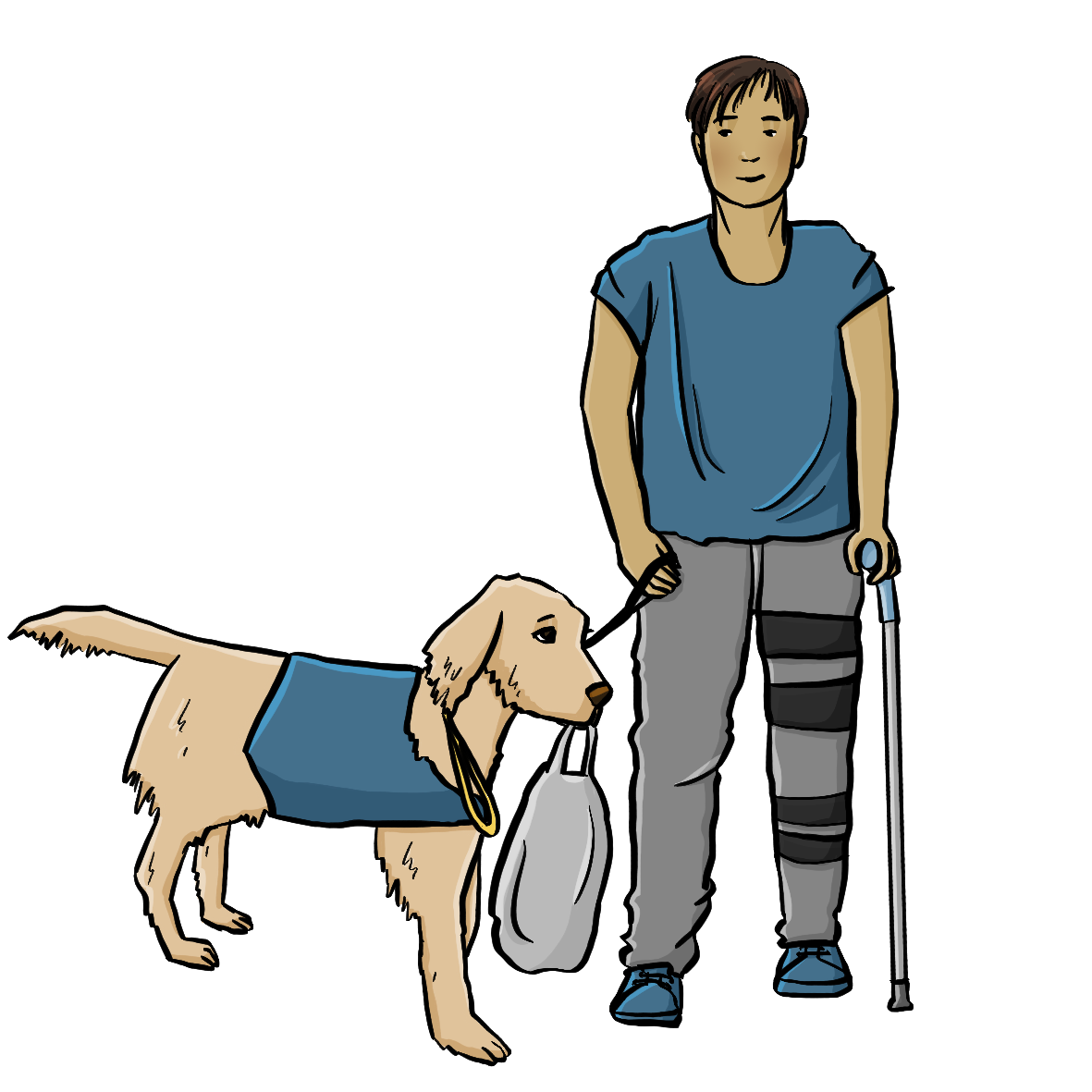 Ein Mann mit einer Beinschiene und einer Krücke. Er hält einen Assistenzhund an der Leine. Der Hund trägt ein Geschirr. Und er trägt eine Einkaufstüte im Maul.